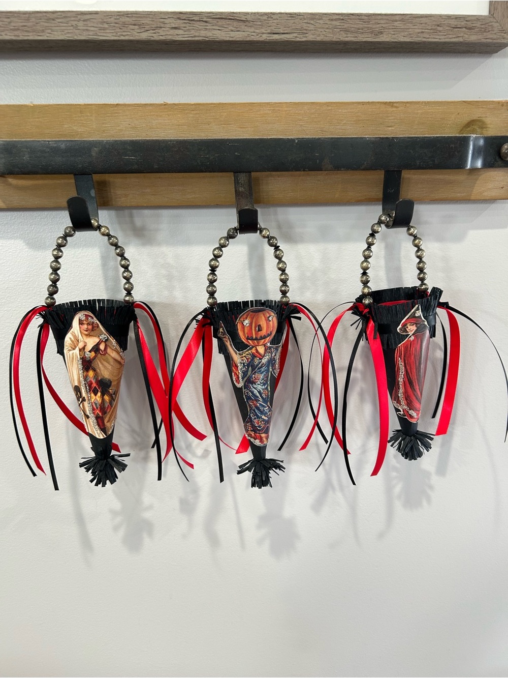6 Vintage repurposed holiday Halloween Candy Cone Ornaments